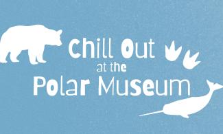 A blue poster with cartoon images of a polar bear, penguin footprints and a narwhal. The white text reads: Chill out at the Polar Museum.