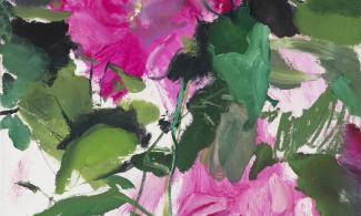 A painting of pink hibiscus flowers.