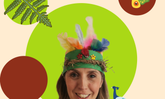 A bright green and orange strip of card hold a number of different brightly coloured feathers. Below the feathers are brown straw like strips which add texture. The band also has brightly coloured jewel embellishments.. 