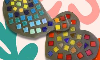 Image of 2 clay mosaics with colourful patterns made from small squares