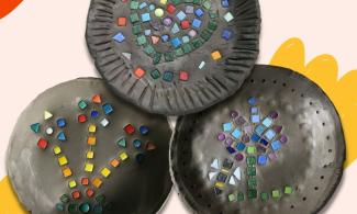 Image of 3 mosaic clay bowls decorated with colourful squares