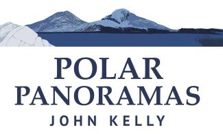 Blue and grey panorama drwaings of mountains. Modern-style blue text reads: Polar Panoramas John Kelly