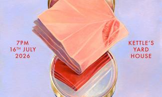 A poster for Rebecca Birrell's book launch, with an illustration of a compact mirror and a pink handkerchief with a red lipstick stain on the corner. The text reads: 'In Conversation: Rebecca Birrell. 7pm, 16th July 2026. Kettle's Yard house'