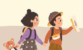 Cartoon image of a boy and girl holding hands walking.