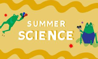 Illustration for Summer Science featuring two green frogs: one looking through opera glasses, and the other hopping while carrying light reflectors.