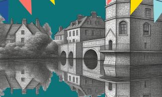Image of a building reflecting into a river with colourful bunting across the top.