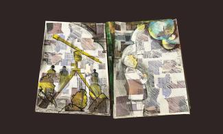 Illustration and collage by John Tordoff, a man gazing at a large telescope.