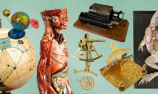Objects from the Whipple Museum in a colourful collage banner. Marcel the human body, Sputnik the toy globe and a mechanical calculator. 