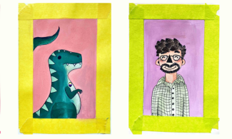 Cartoon portrait illustrations of subjects of the tour: Franz Nopcsa, SUE the T. rex, Jonathan Cutbill and Anna Gurney. All the cartoon portraits have coloured frames and are lined up in a row, as if they are pictures on the wall of a gallery. 