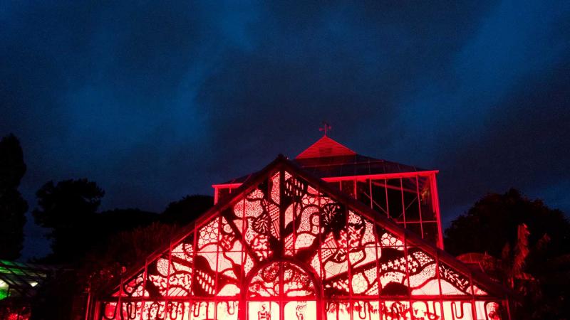 The greenhouse at night with red lights during the festival of lights event