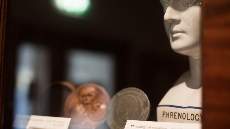 Objects behind a glass case at the Whipple Museum