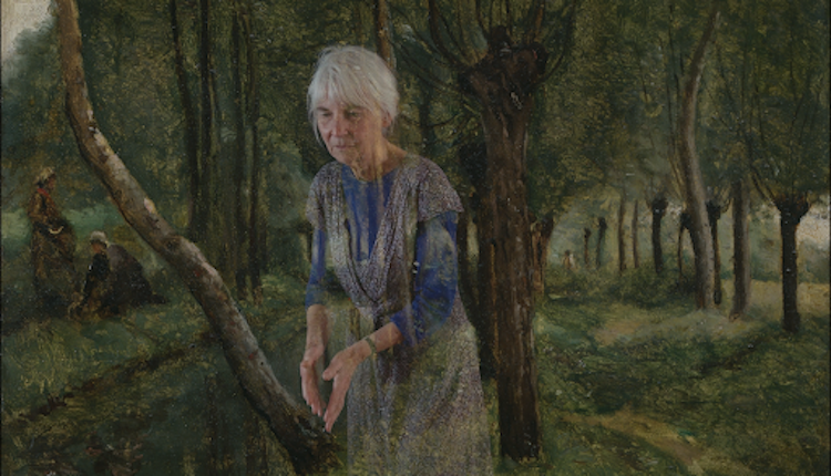 A painting of a woodland with someone dancing in front of the image