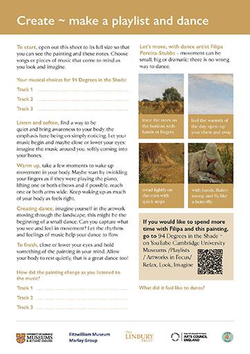 A preview of the activity sheet titled Create - make a playlist and dance. It includes lots of text, four pictures of a painting and a QR code.