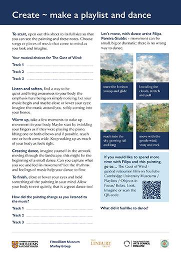 A preview of the activity sheet titled Create - make a playlist and dance. It includes lots of text, four pictures of a painting and a QR code.