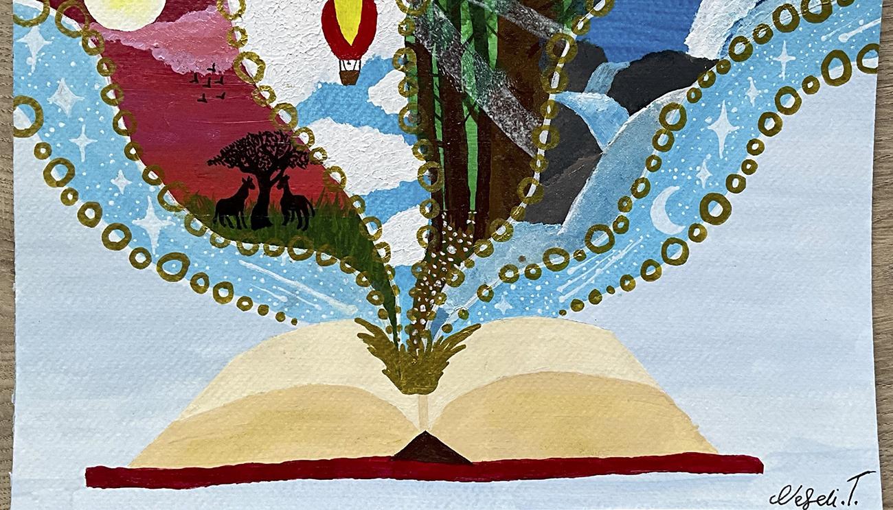 A painting showing an open book with stories exploding from the page.
