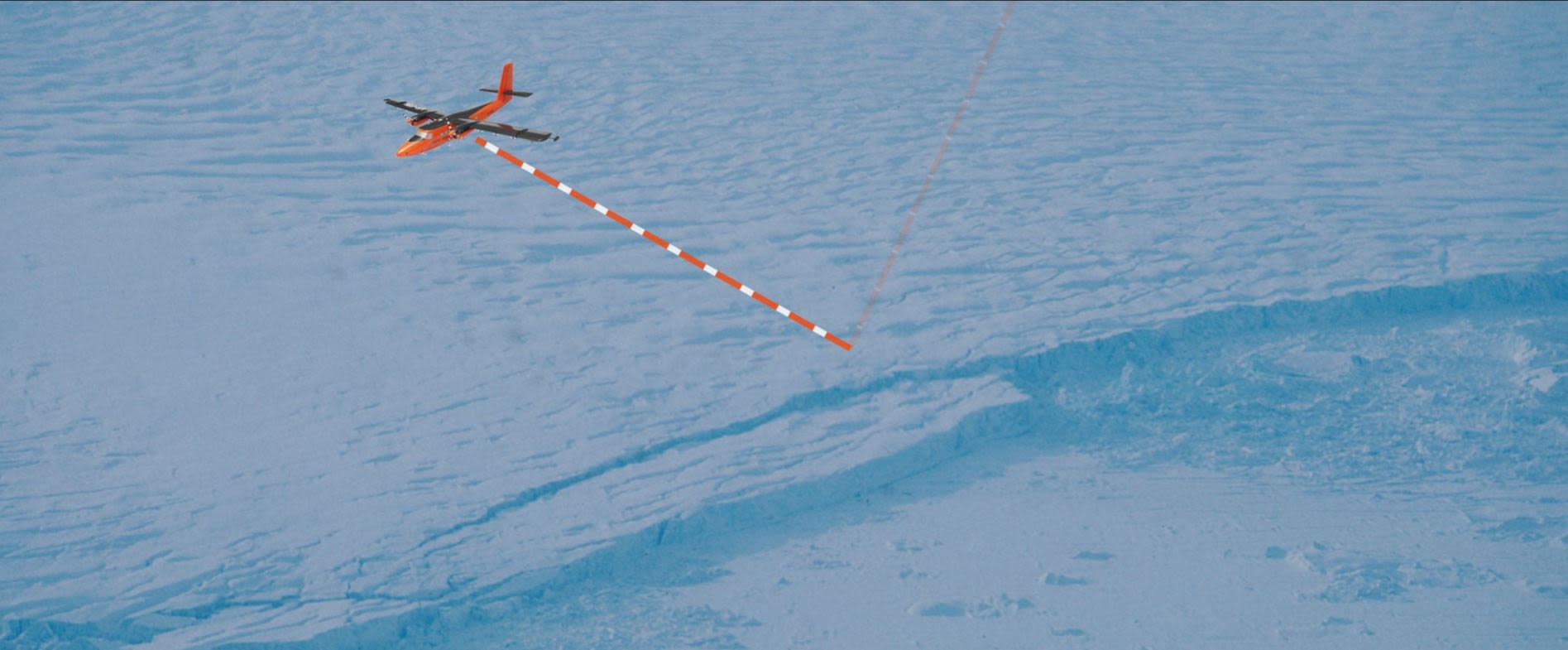 A small aircraft flying across a polar ice sheet. A line indicates radar signals emitted by the aircraft to map the sea below.