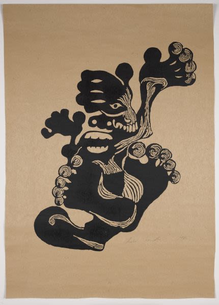A black linoprint on a beige background of an abstracted human figure with the soles of its feet upwards and one arm in the air. The feet and fingers are whorled.