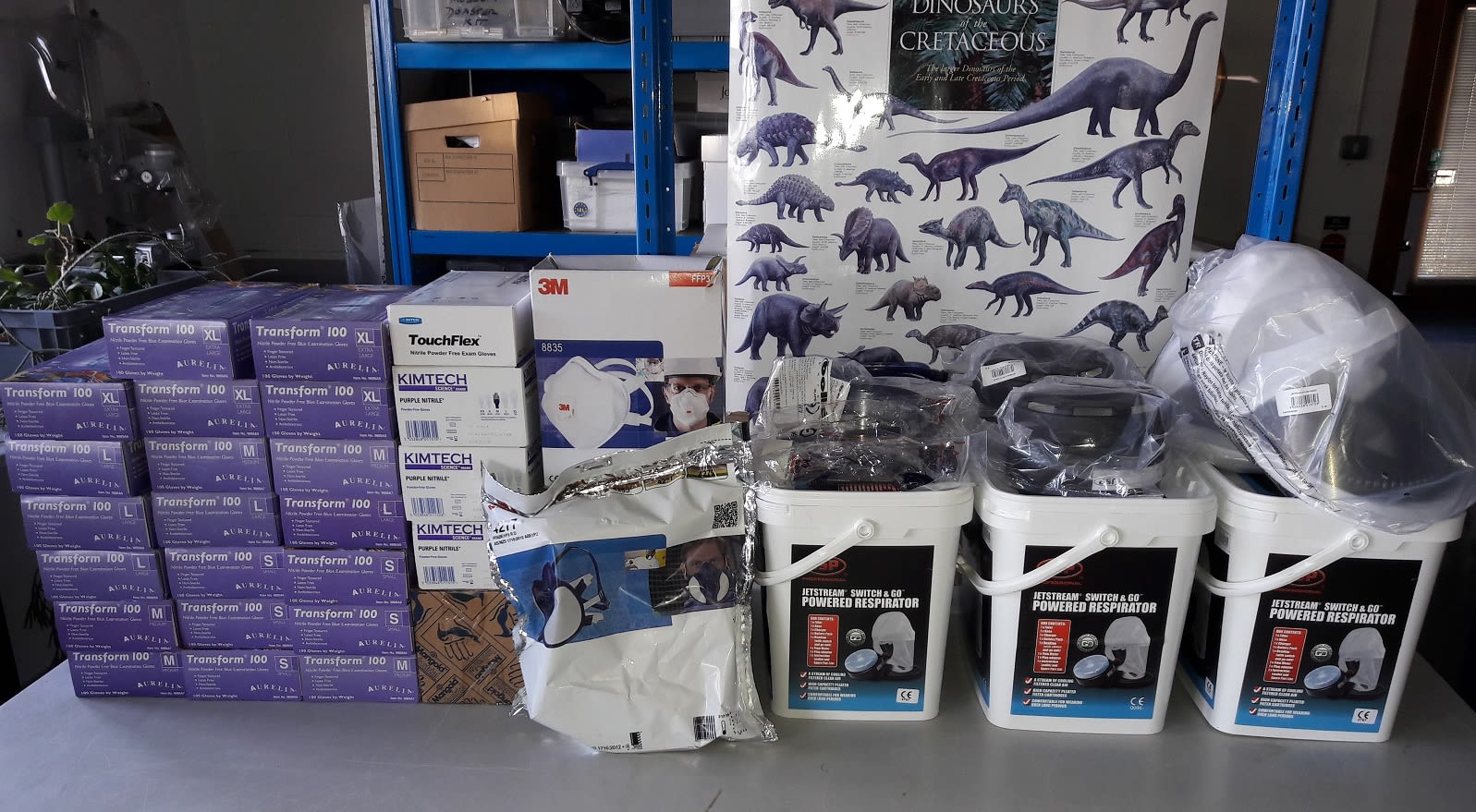 Boxes of latex gloves, face masks and other protective equipment. Hanging on the shelves behind the pile is a dinosaur poster.