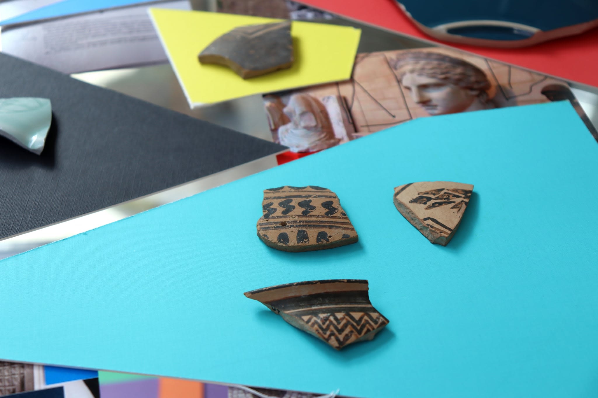 Close up of the works in the display case