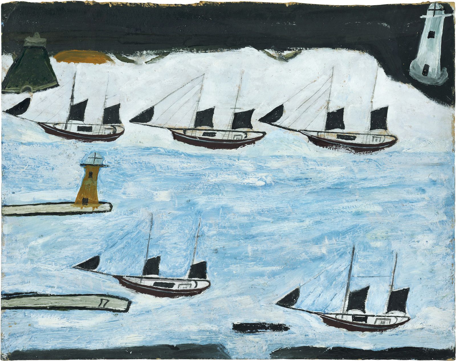 a painting of five boats