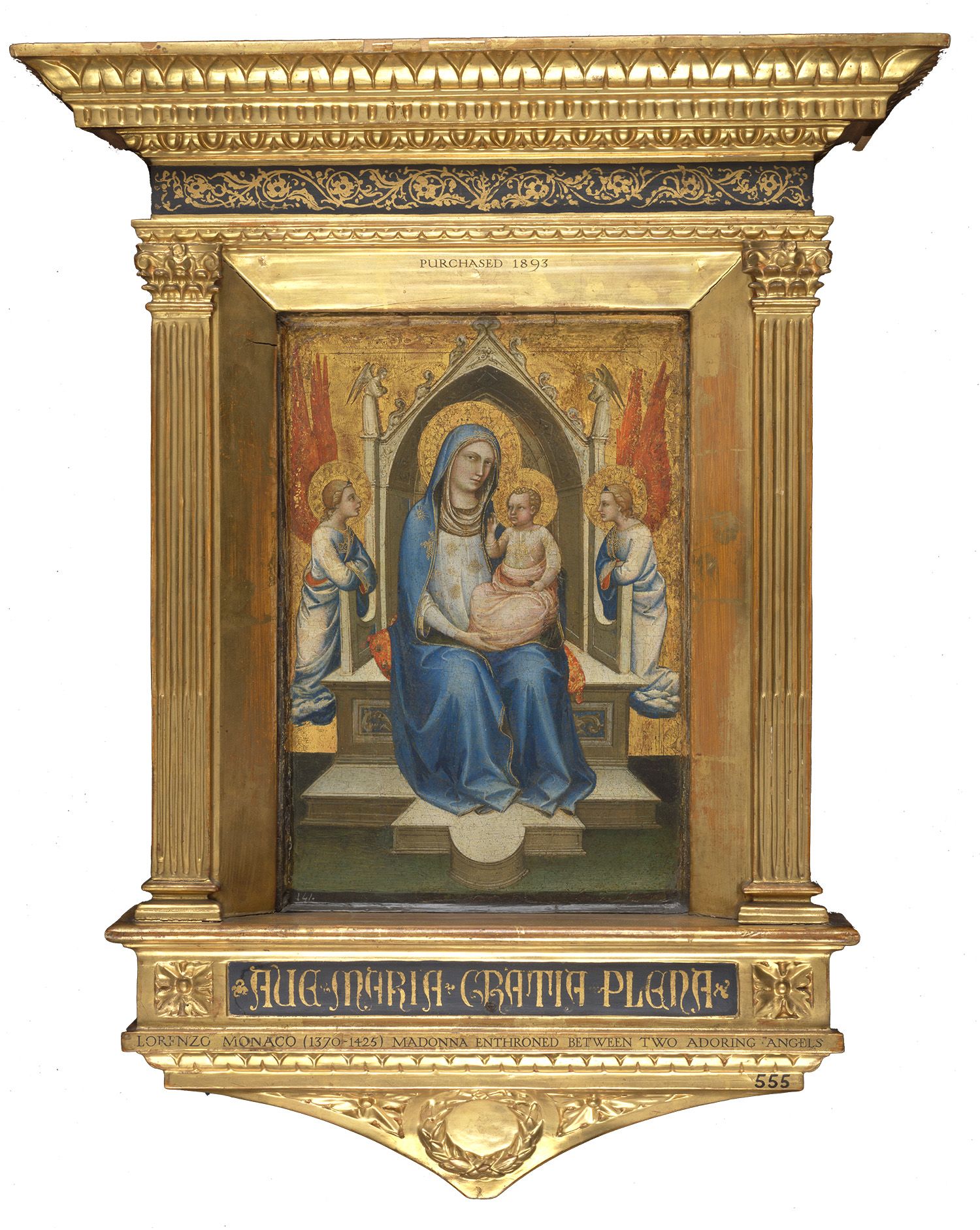 A painting of a virgin and child with an attendant at either side. The virgin is wearing bright blue robes, and the background and halos are glittering in gold. The painting is framed with an elaborate gold frame with blue inlays above and below.
