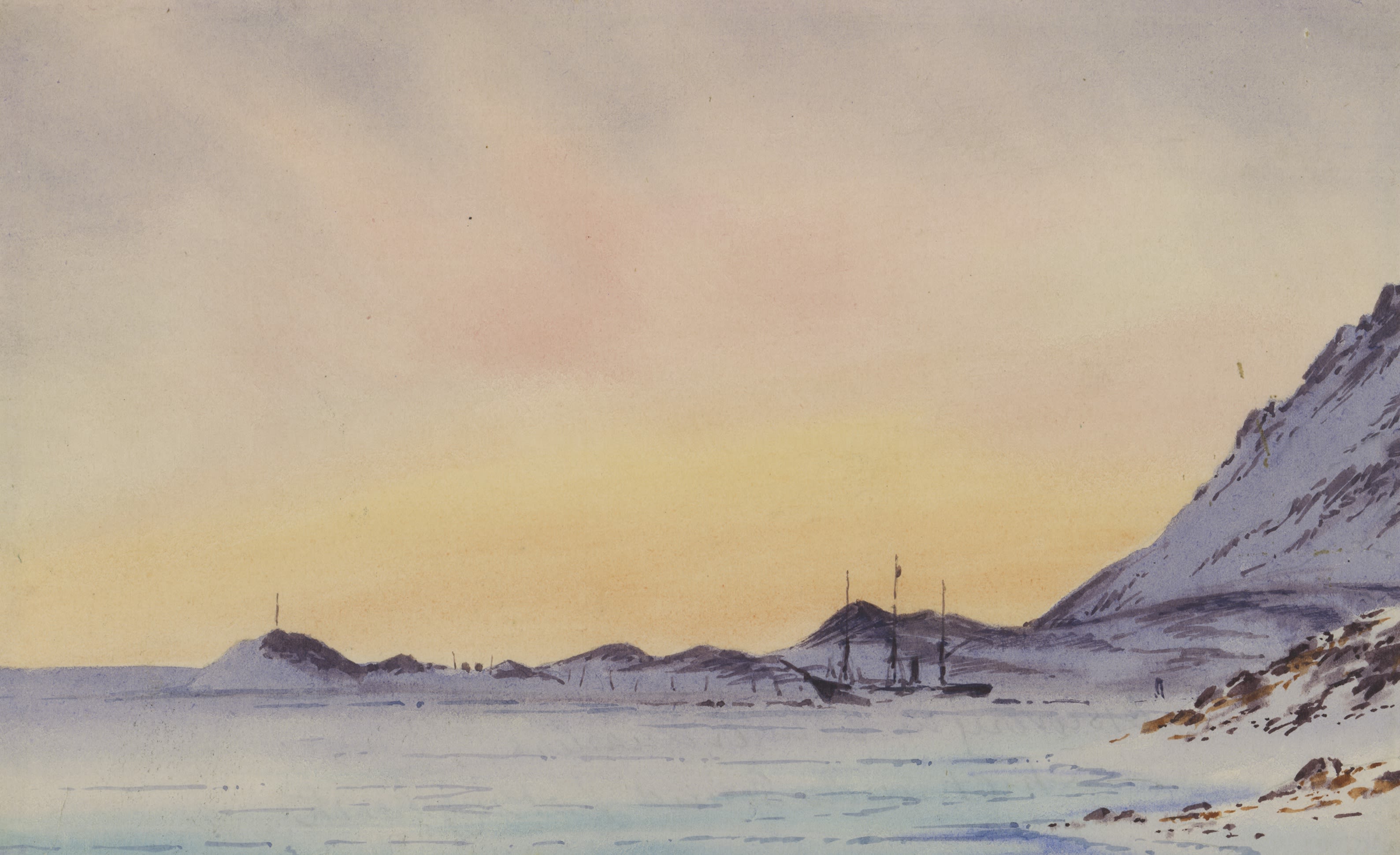 Watercolour of the Discovery frozen in pack ice. The sky is pinky orange, with the mountains a subtle purple shade.