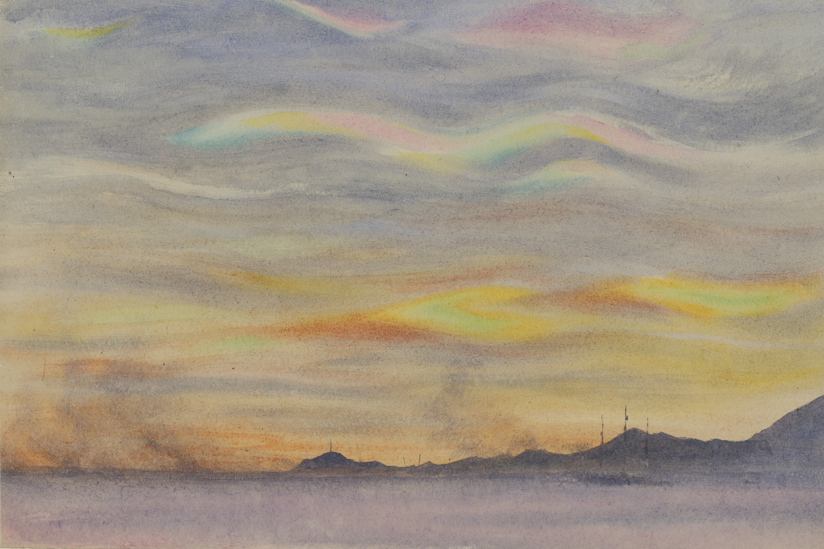Watercolour of the Discovery frozen in pack ice. The sky is a glimmer of mixed shades, with many colours, bright and subtle, melting together into a yellow-blue haze. The background is less prominent, the mountains a grey-purple.