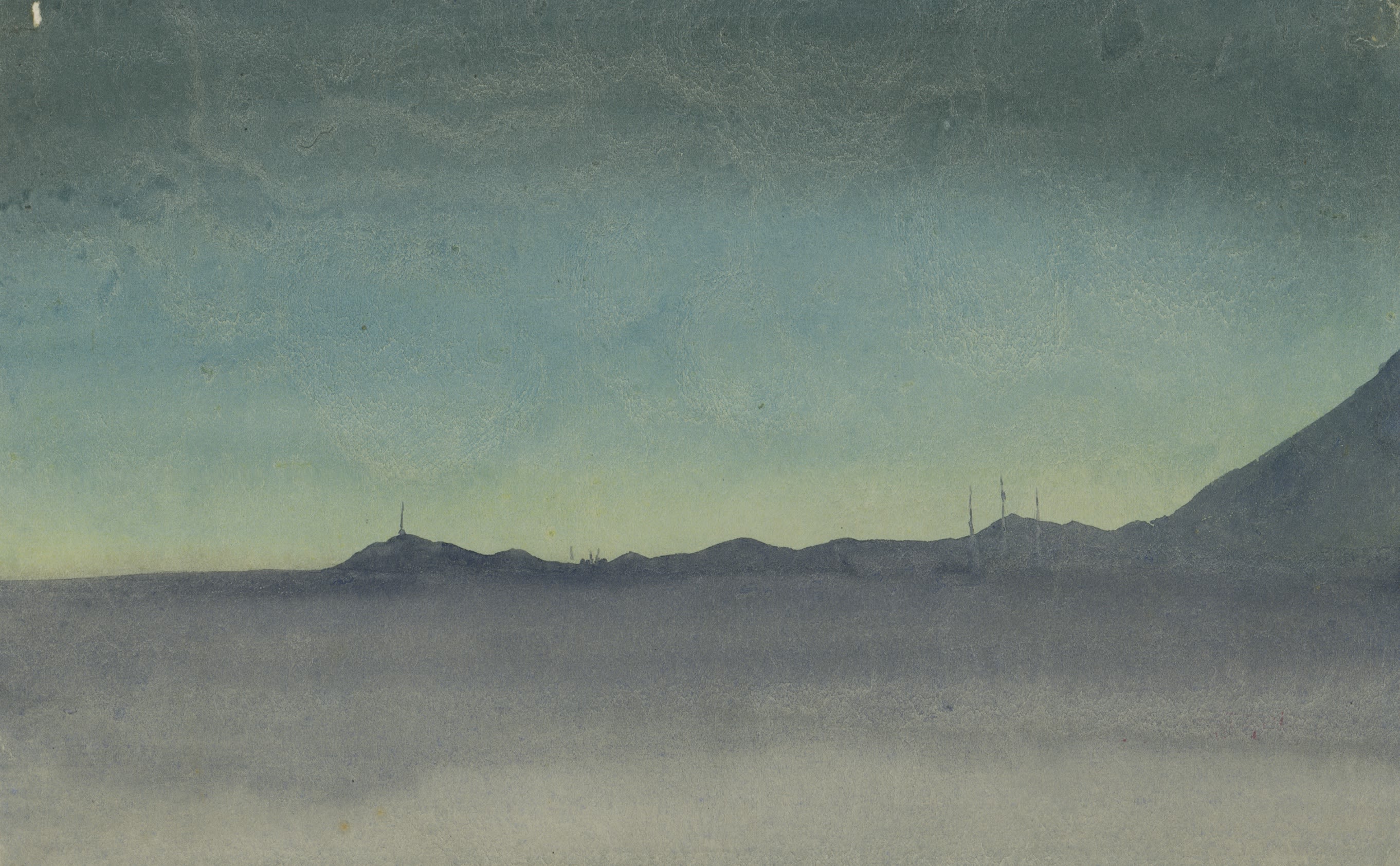 Watercolour of the Discovery frozen in pack ice. The sky is a yellow-green fading into a darker green-blue as the sun sets, with the mountains a deeper grey-blue against the final glimmers of light.