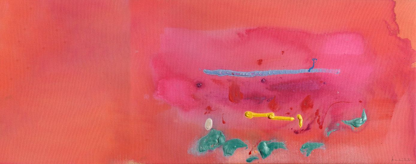 Covent Garden Study. A bright pink background, seemingly bleeding into the canvas, with a large blue stripe across the centre, smaller red/pink blobs of paint beneath it, and a focal, smaller stripe of bright yellow. At the bottom, there are multiple blobs of paint in an iridescent green.