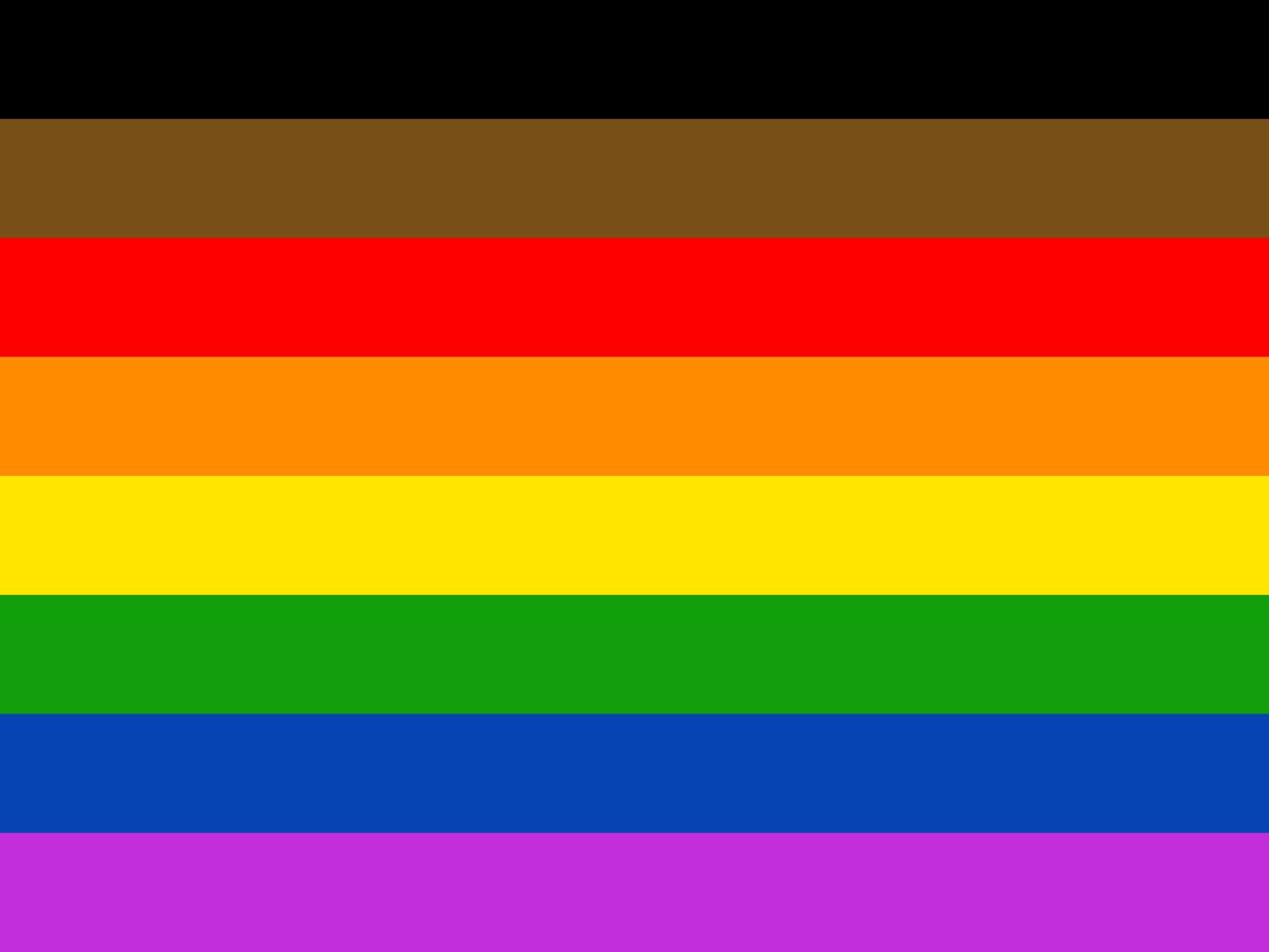 Flag with eight horizontal stripes. Top to bottom: black, brown, red, orange, yellow, green, blue, purple.