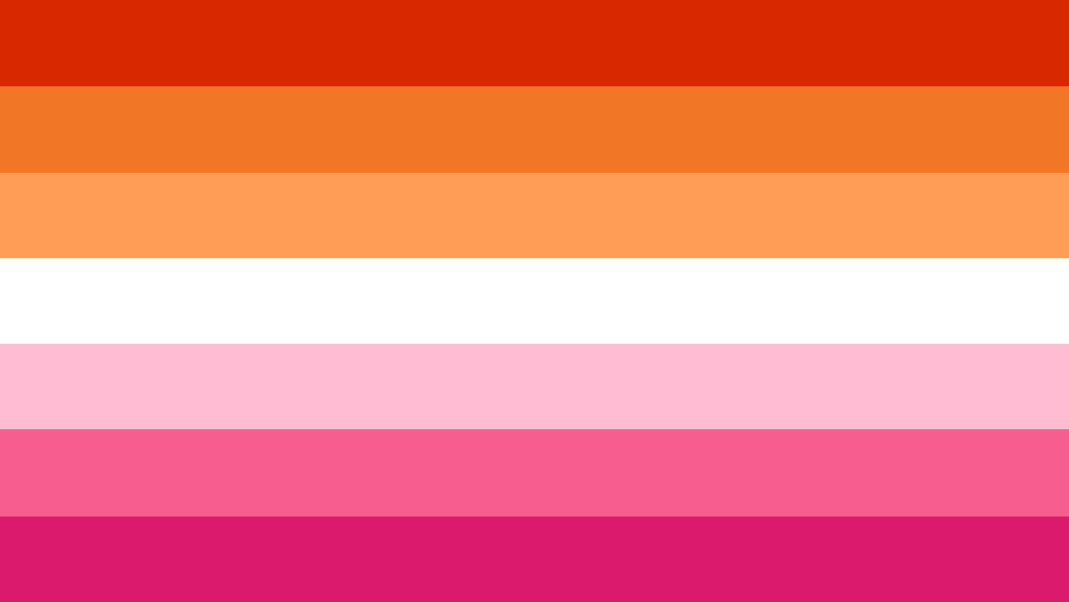Flag with seven horizontal stripes. Top to bottom: red, orange, light orange, white, light pink, bright pink, dark pink.