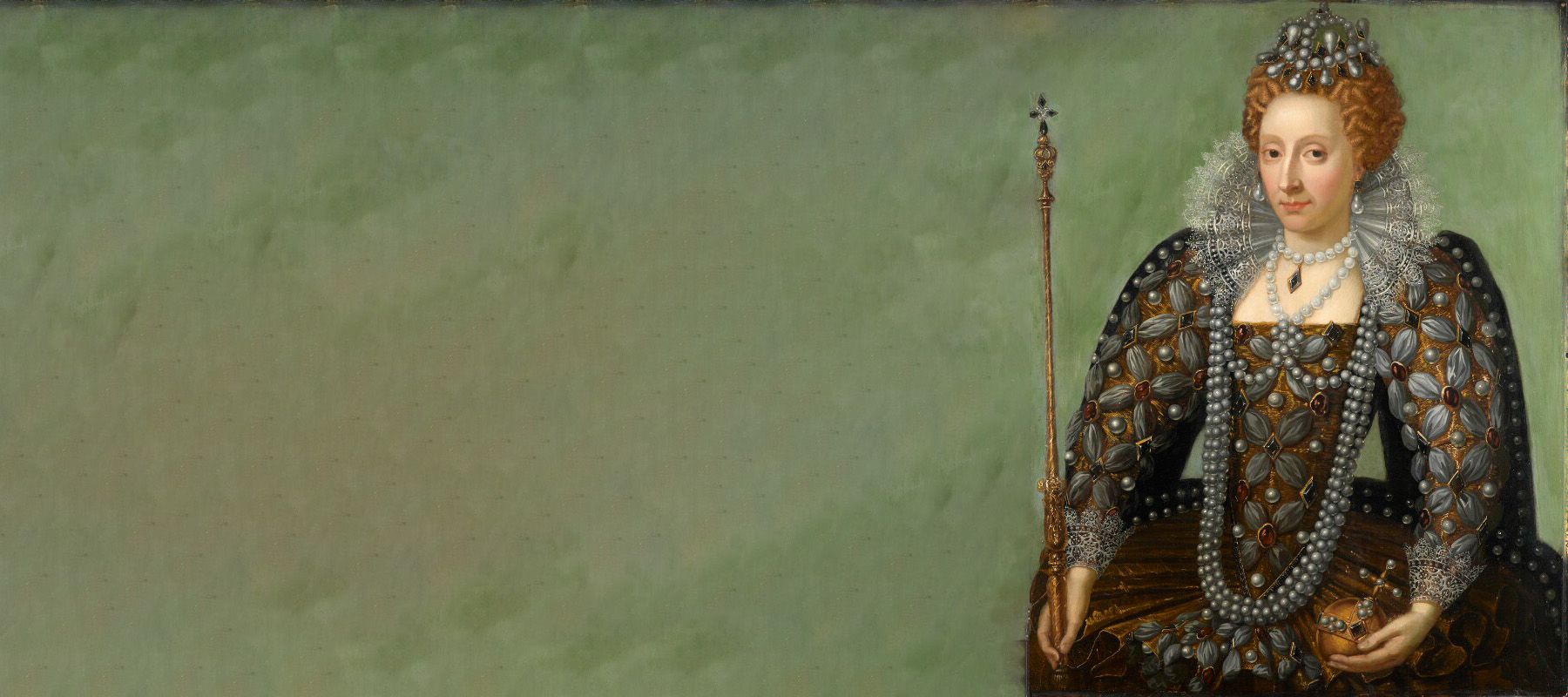 Oil painting of Queen Elizabeth I, wearing a highly pearled dress with purple stitching against a deep brown/gold fabric. She wears a decorative crown, has golden ginger hair, and a neck ruff extending into heavy pearl necklace, and is carrying a long stick with cross at the top. The background of the painting is a mid-light moss green.