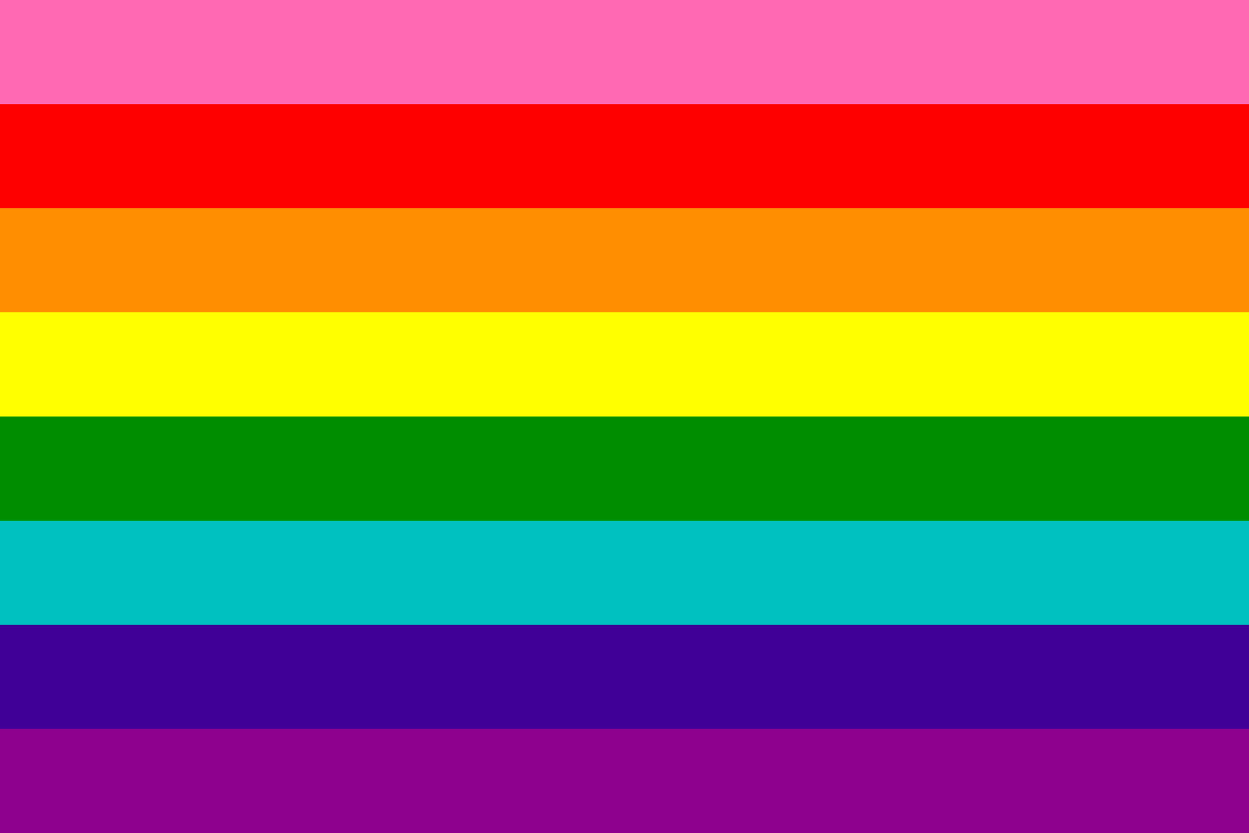 Flag with eight horizontal rainbow stripes. Top to bottom: pink, red, orange, yellow, green, teal/blue, dark blue, purple.