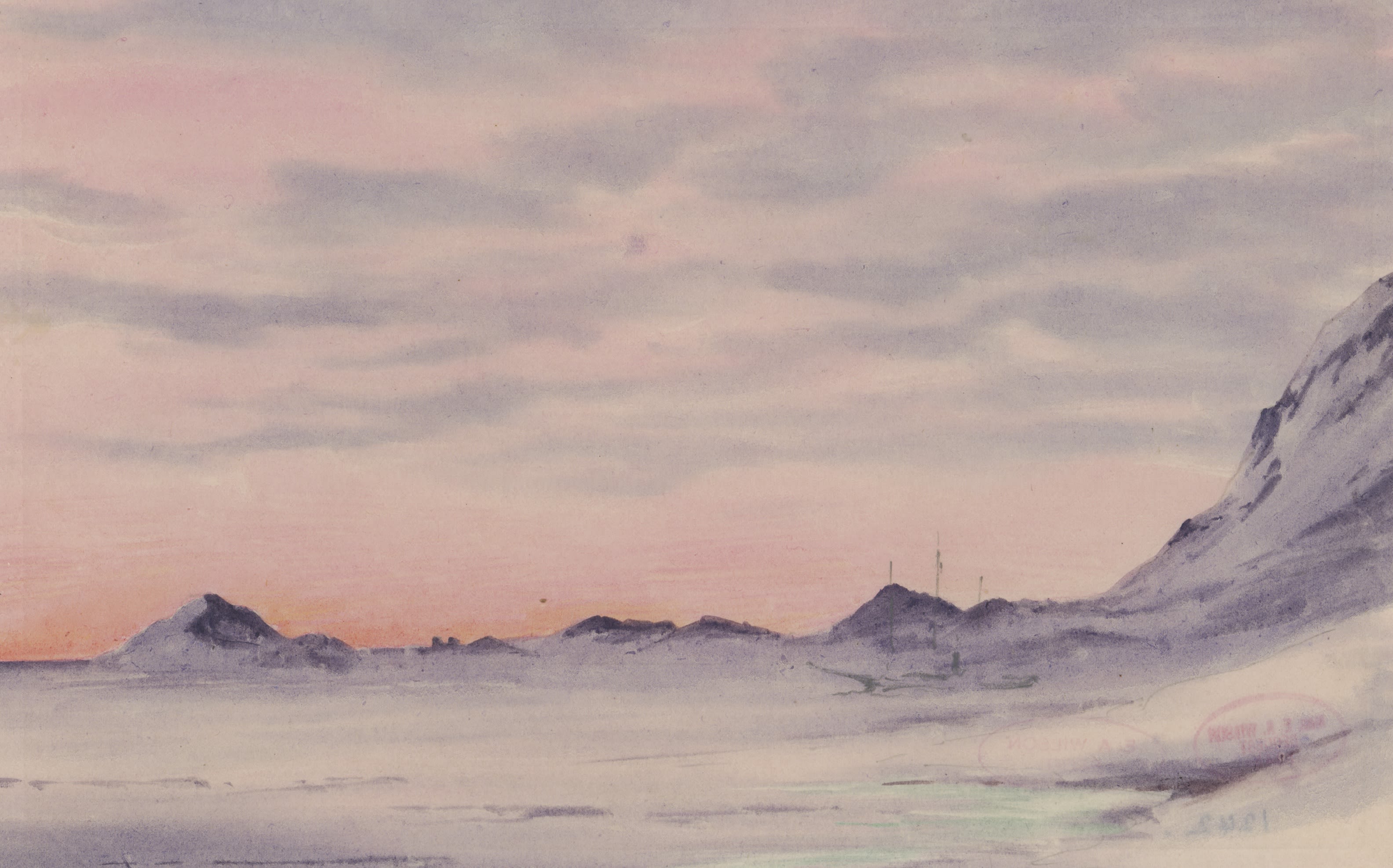Watercolour of the Discovery frozen in pack ice. The sky is deeper pink with hints of purpley-blue, with the mountains a subtle purple shade.
