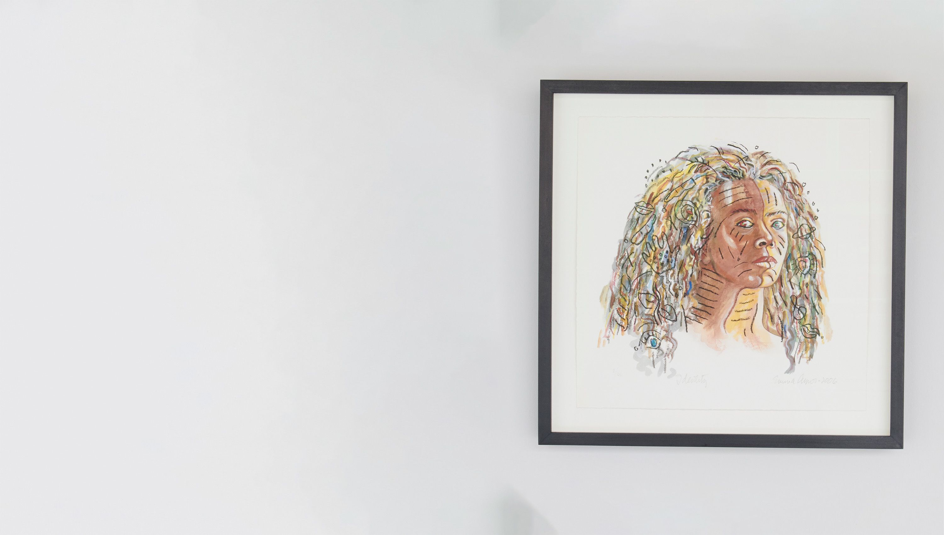 Painting of a woman. Beneath voluminous multi-coloured hair, a woman’s face is divided into two skin tones. Her face can be perceived as one united whole or two opposing halves.