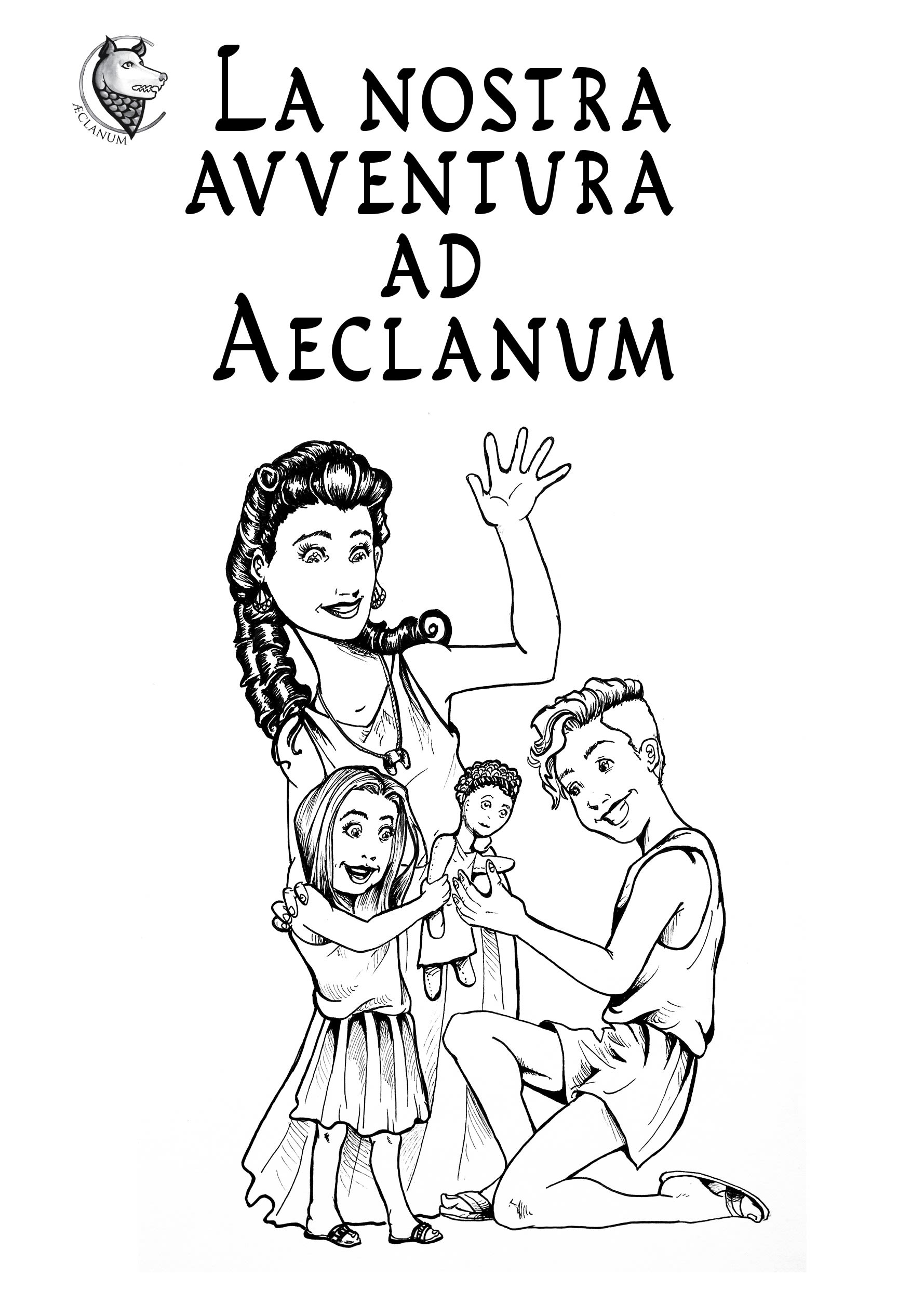 Cover of an activity leaflet in Italian. A Roman woman stands alongside a boy playing with a younger child and her doll.