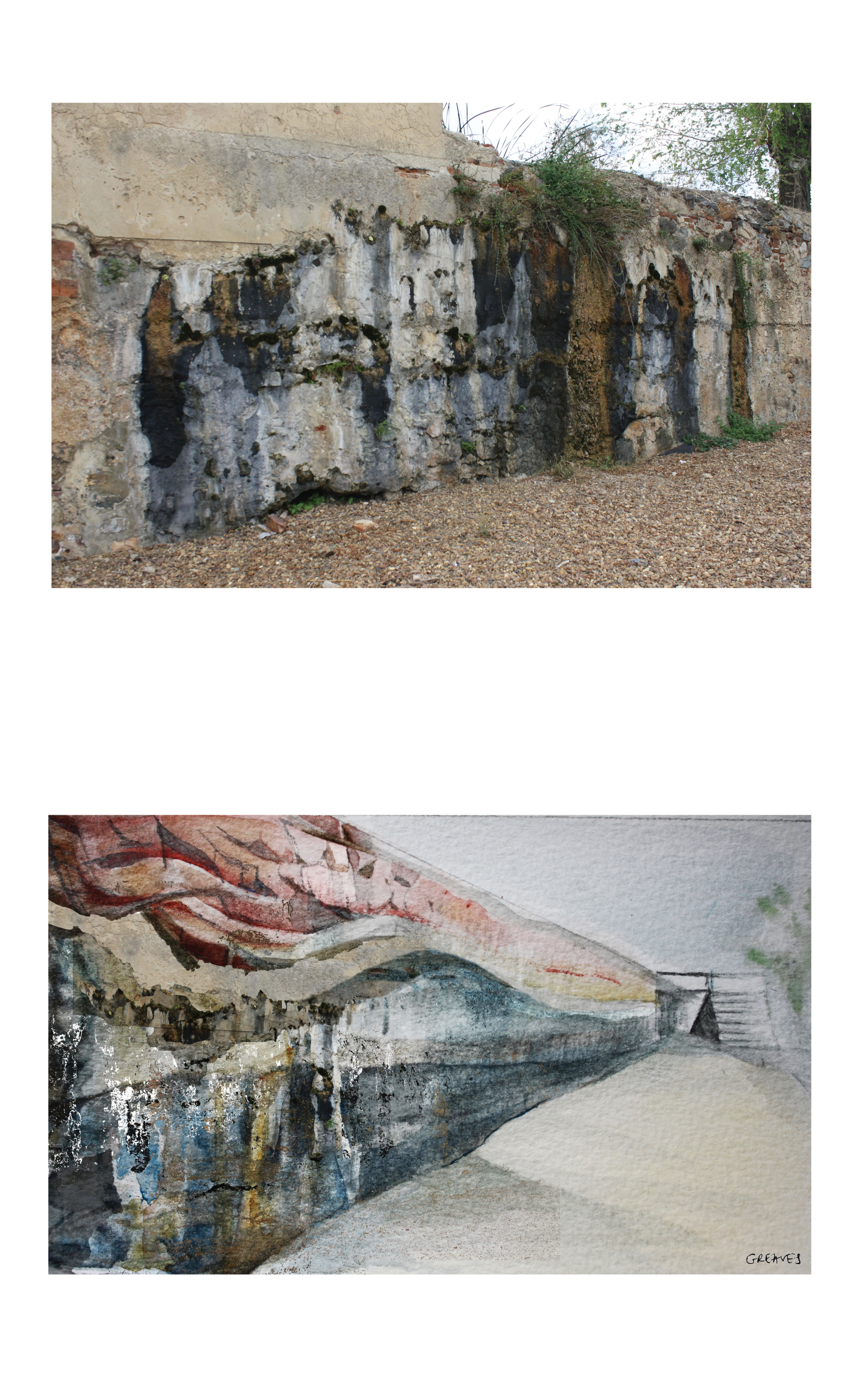 A photograph of a wall, multicoloured due to natural deposits. Below it has been reimagines and reworked by an artist.
