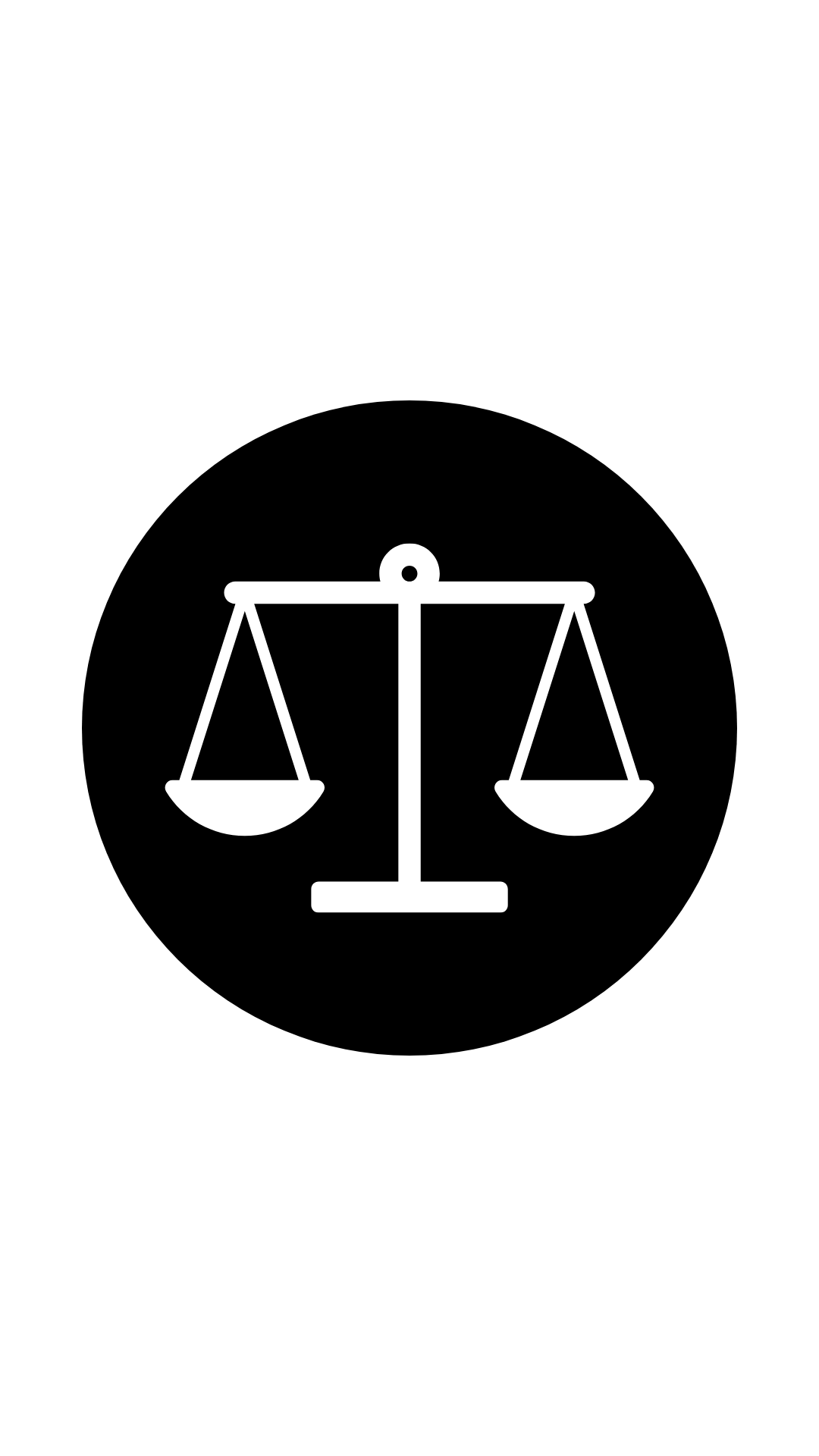A round black icon with a white scales illustration in the middle.
