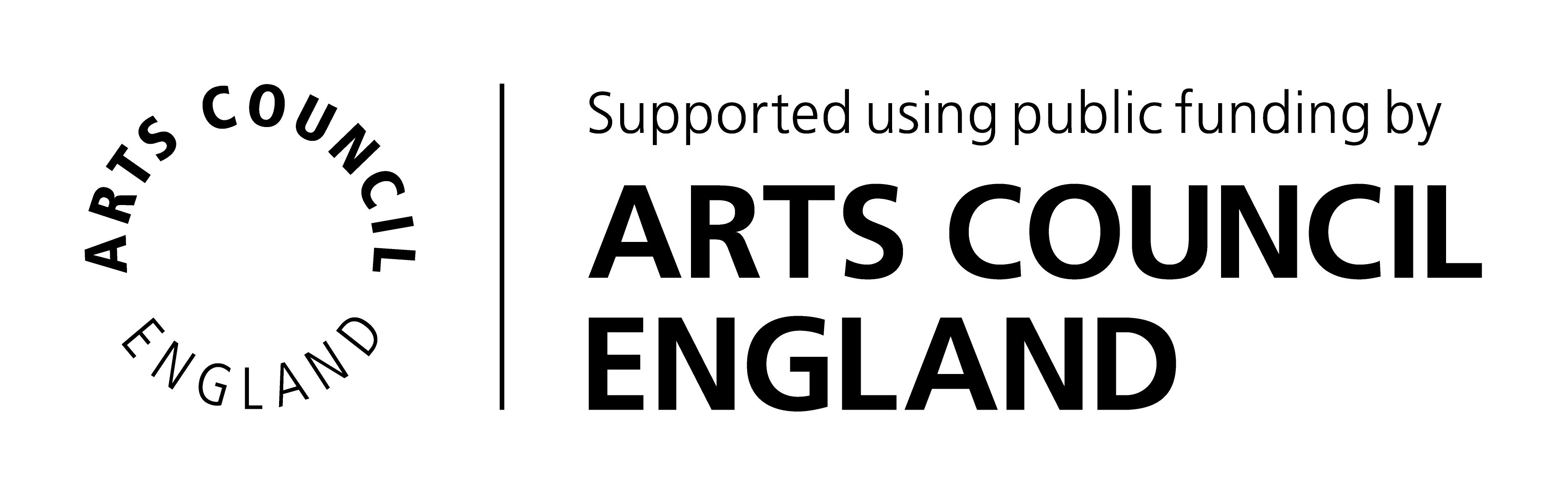 The Arts Council England logo with text in a circle reading Arts Council England alongside text reading Supported using public funding by Arts Council England.