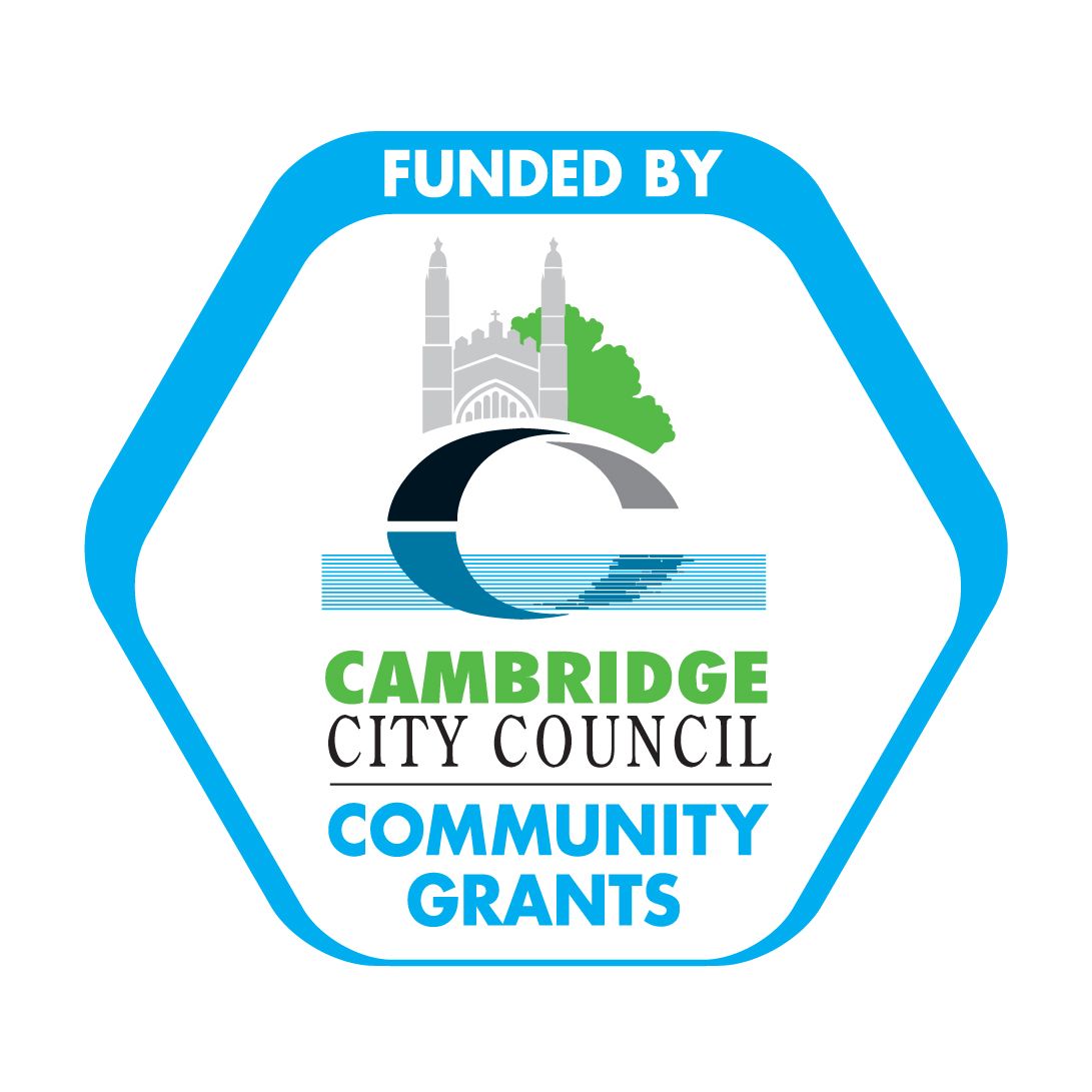 The Cambridge City Council logo of a sea, half in water, half above with Kings College and greenery in the background. The logo is surrounded by a blue hexagon saying funded by community grants.