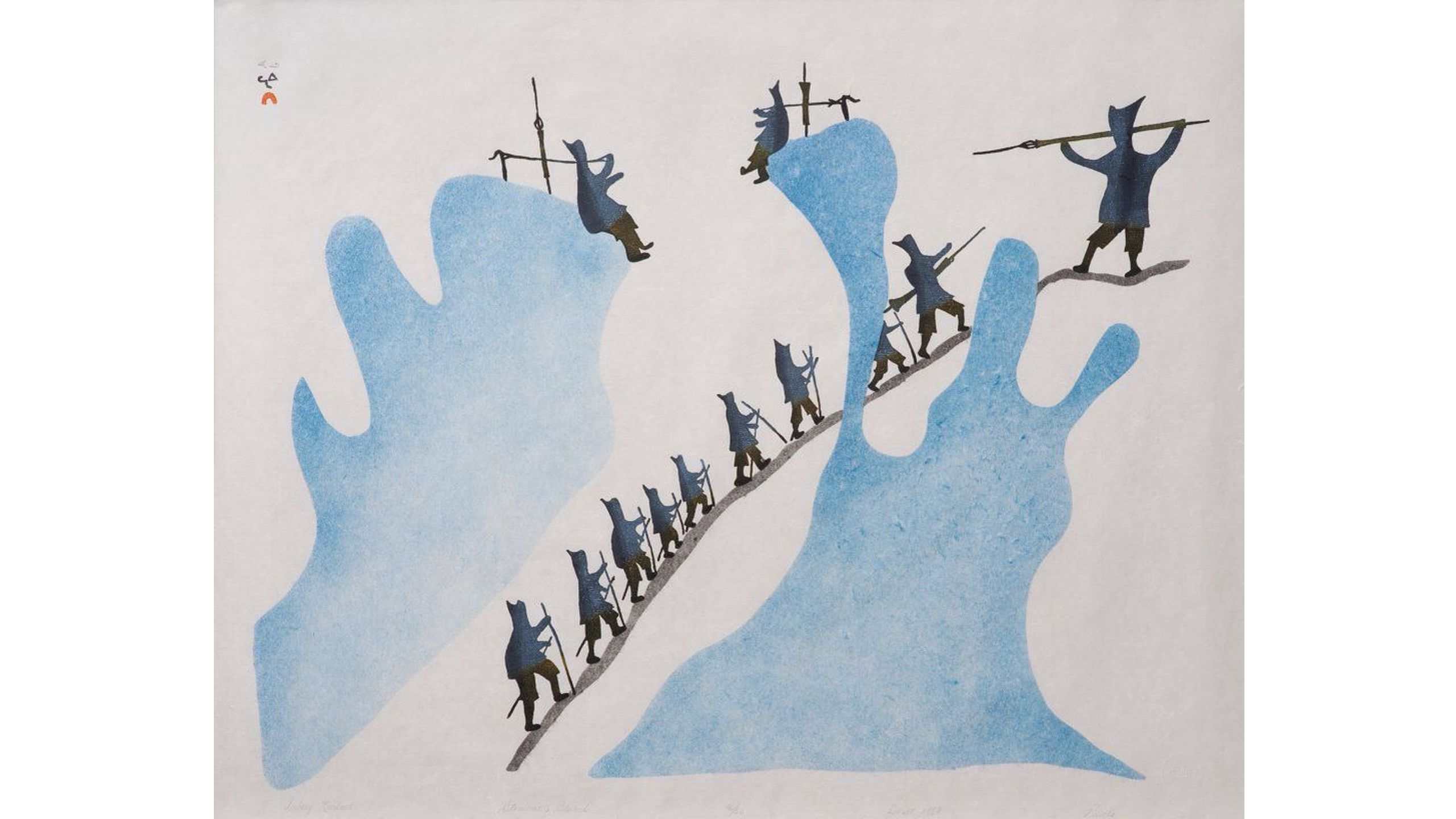 Stylised depiction of Inuit hunters on white ice with patches of blue