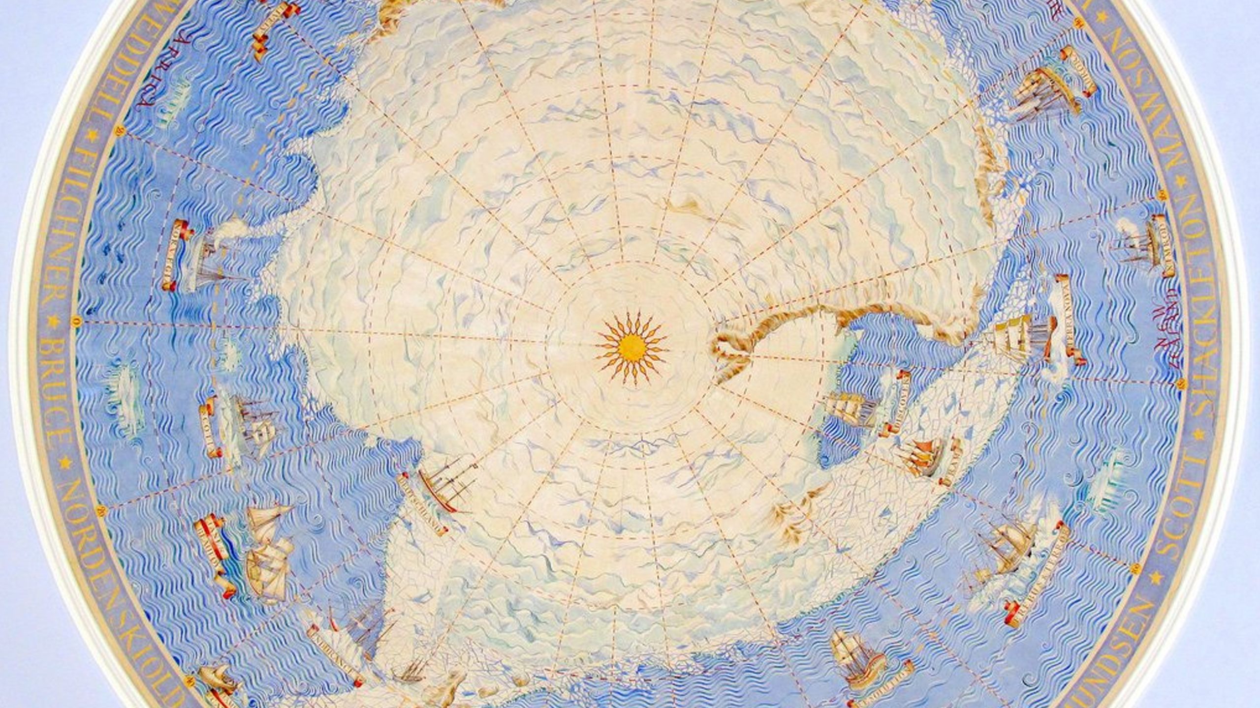 A circumpolar map of the Antarctic, marked with famous exploration ships and names of expedition leaders.