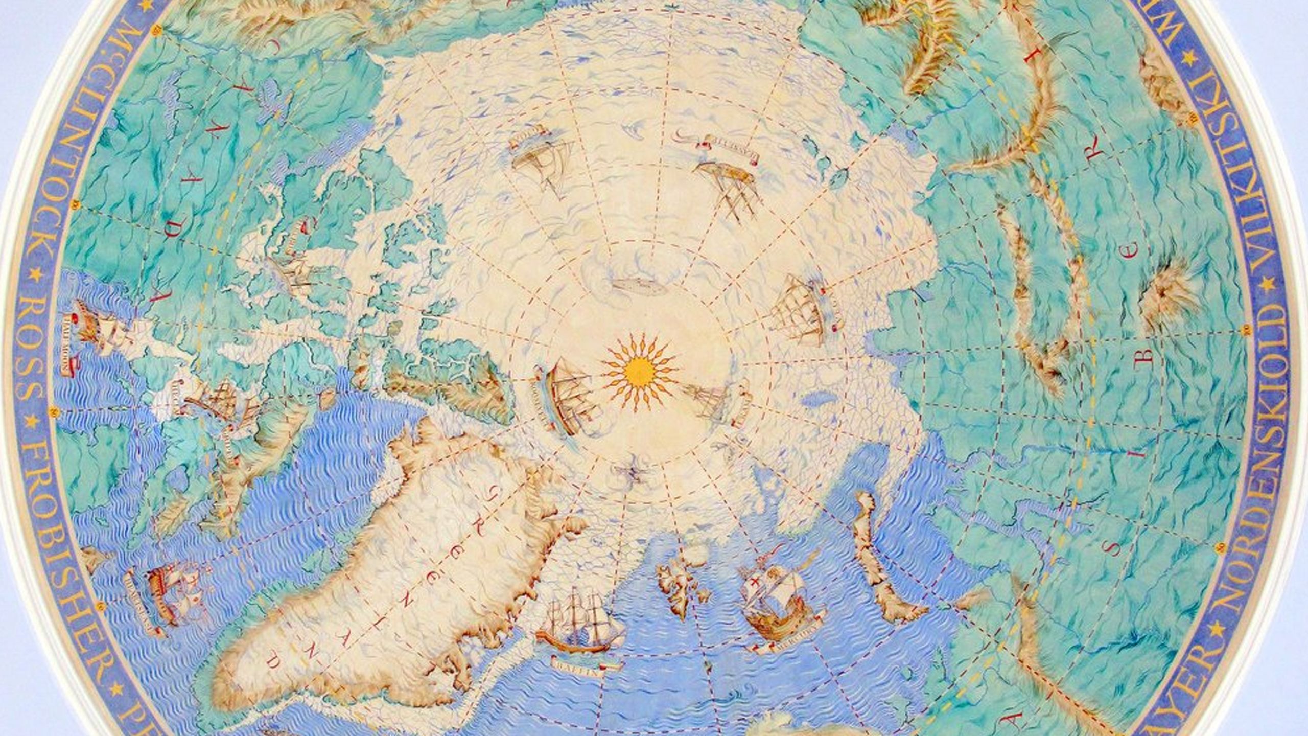 A circumpolar map of the Arctic, marked with famous exploration ships and names of expedition leaders.