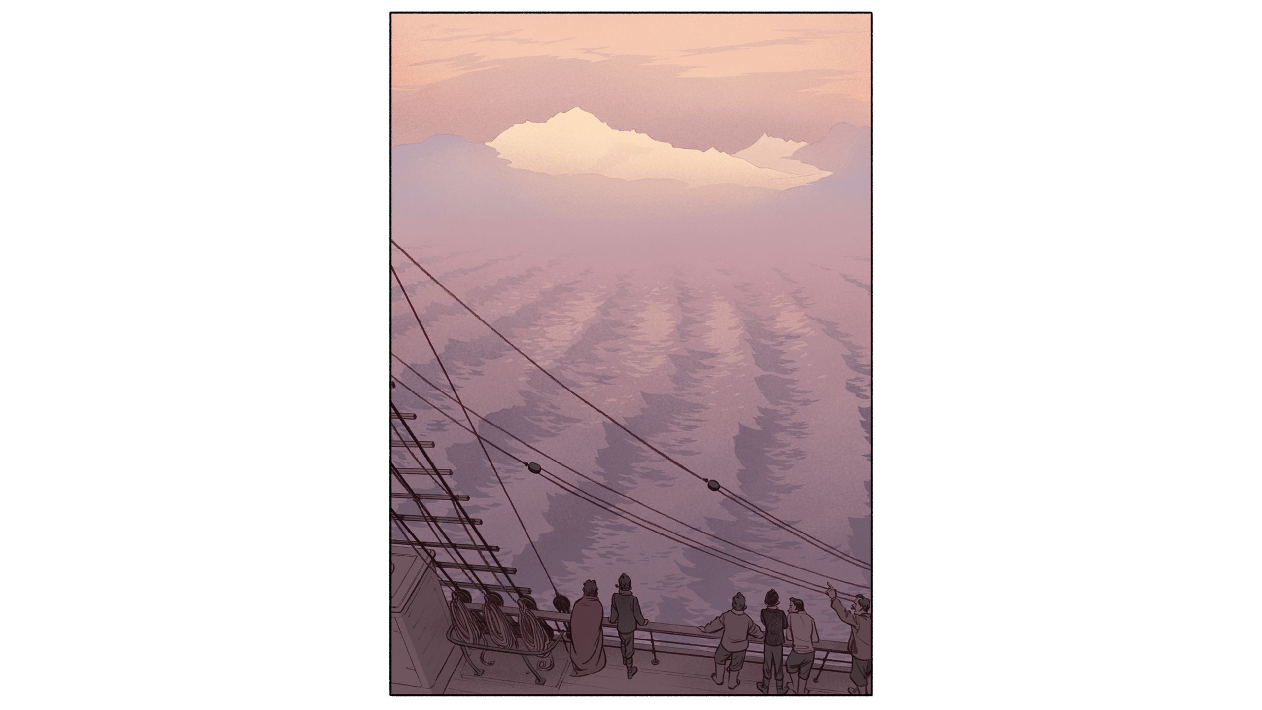 Drawn image of people stood on the deck of a ship looking out to sea, in the distance a mountain range is illuminated above the horizon.