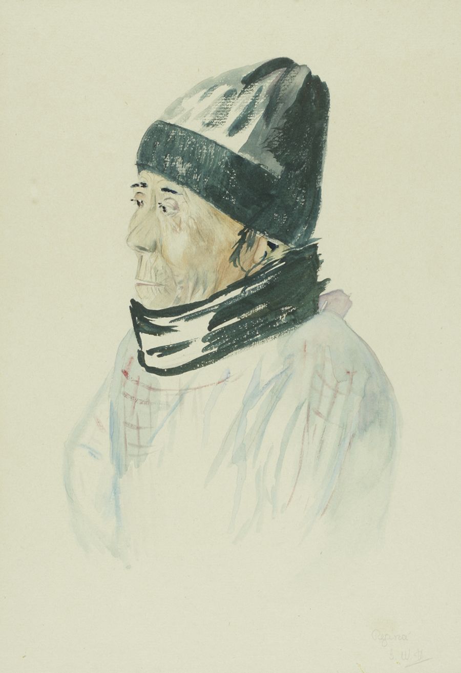 An older woman wearing a hat and warm clothing stares to the left of the page.