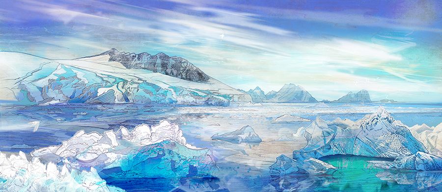 A landscape with sea and ice in the foreground and ice covered mountainous shoreline in the background.