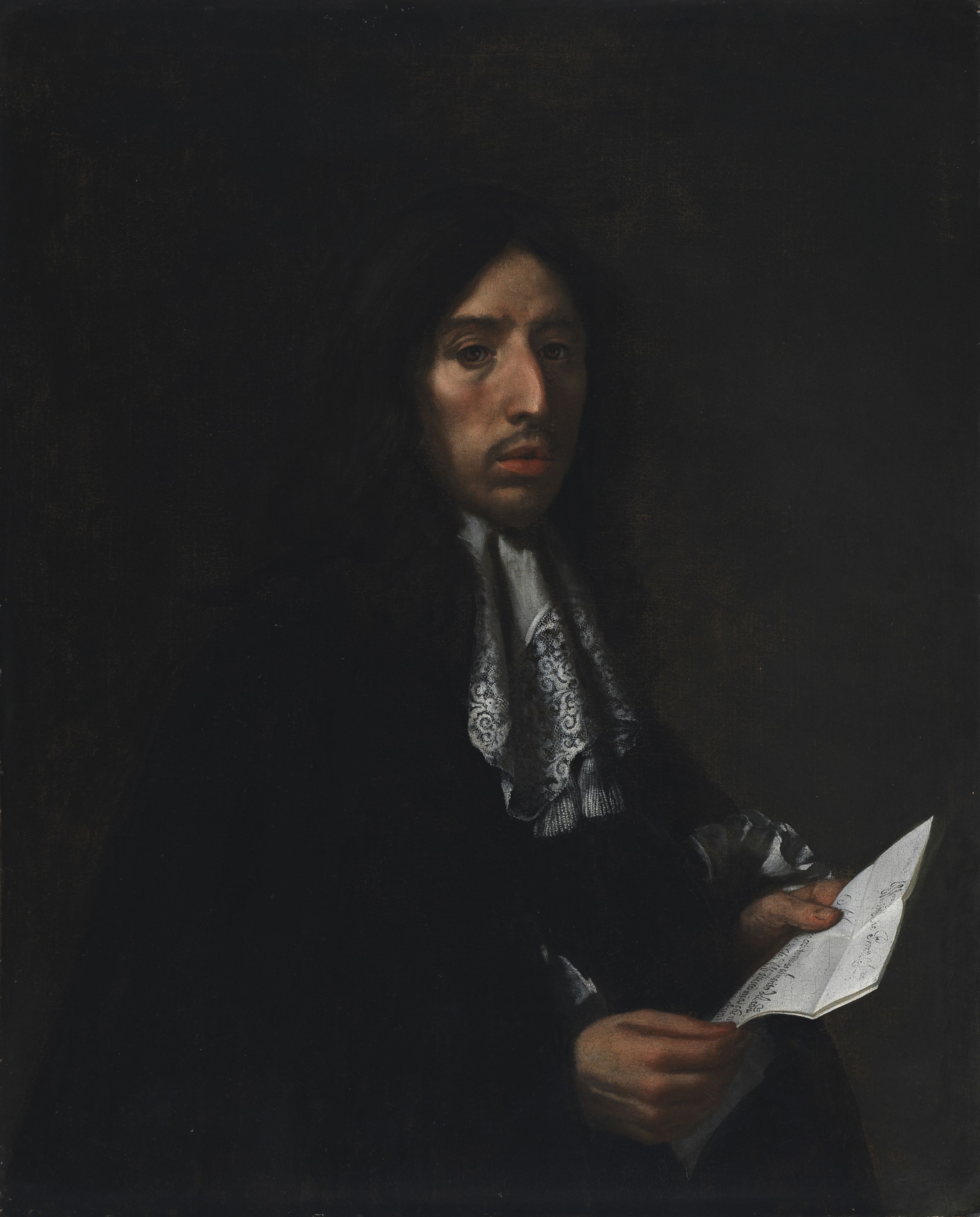 In this oil panting Sir John Finch is posed facing right, but turned towards the viewer. It’s a dark painting, with his long curly black hair and dark gown offset by his face and white lace collar and cuffs. He looks up, interrupted while reading a long letter (there are two sheets of paper) held in both hands. He has a long nose, straight eyebrows, dark eyes, and a moustache, and looks serious.